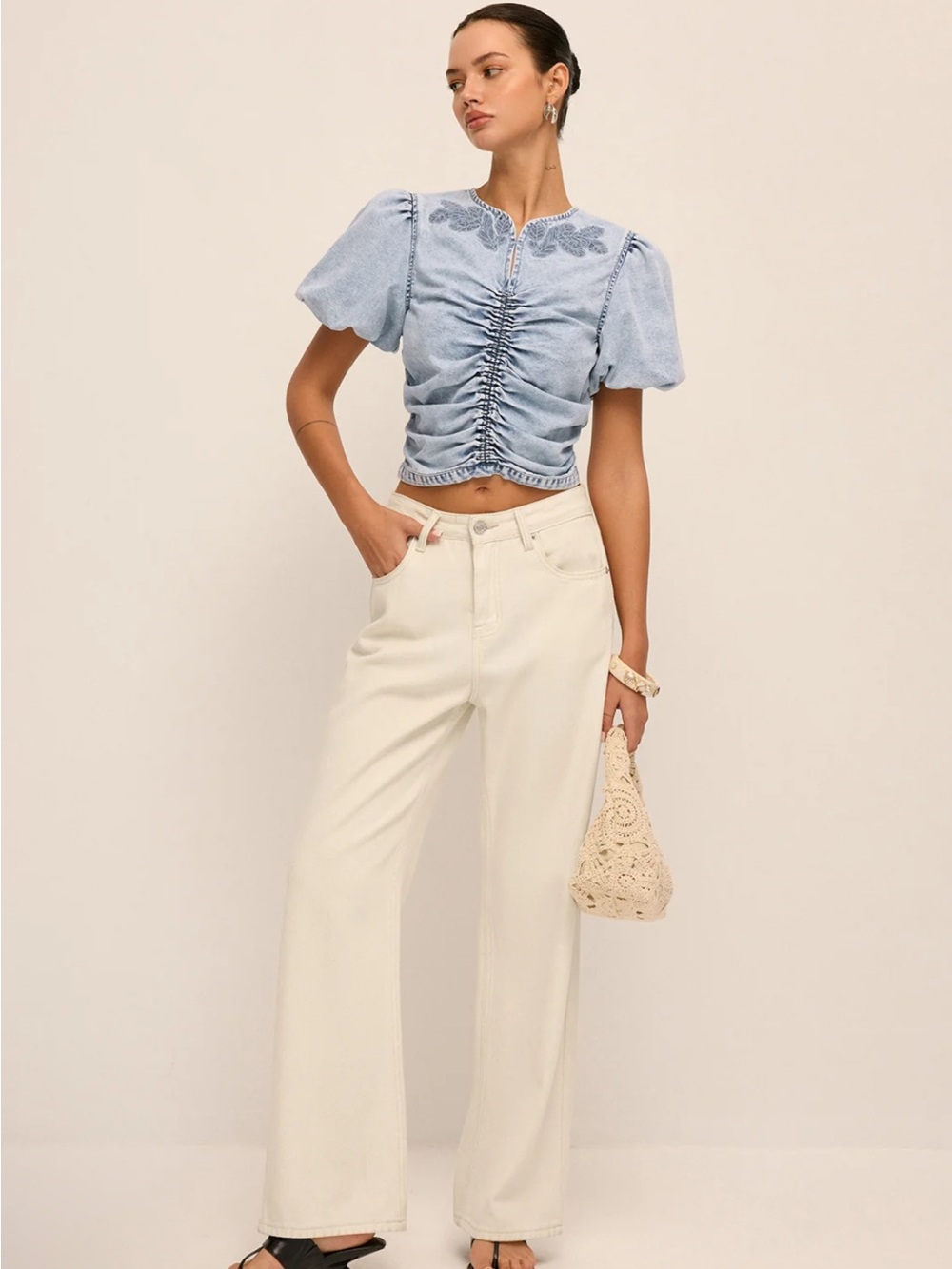 Commense Ruched Puff Sleeve Embroidered Denim Top Large